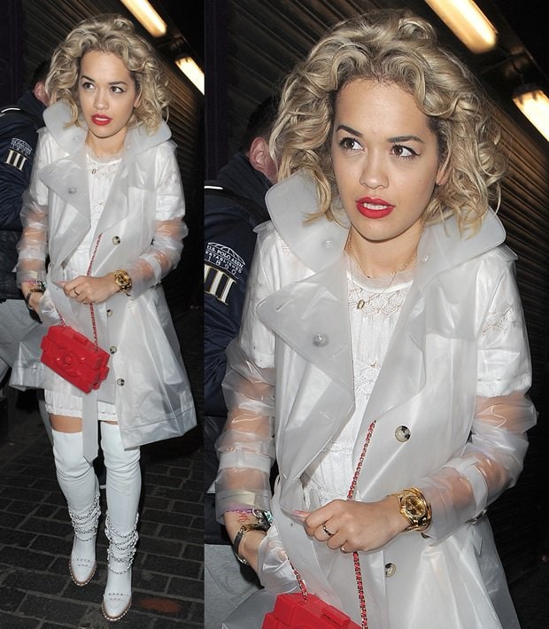 Rita Ora showcases her chic style in a translucent plastic jacket as she departs The Box Club in London