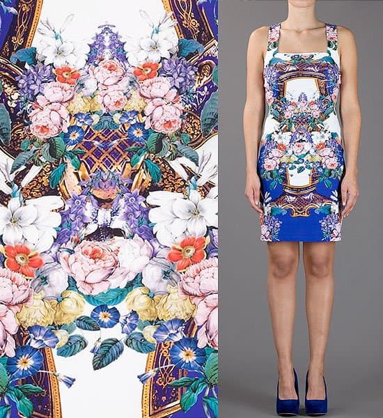 Roberto Cavalli combines a classic vase print with a floral couch motif in this uniquely designed racerback dress