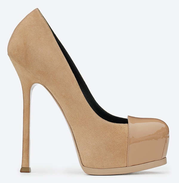 Saint Laurent Tribute Two Cap Toe Escarpin Pumps in Beige Suede and Patent Leather