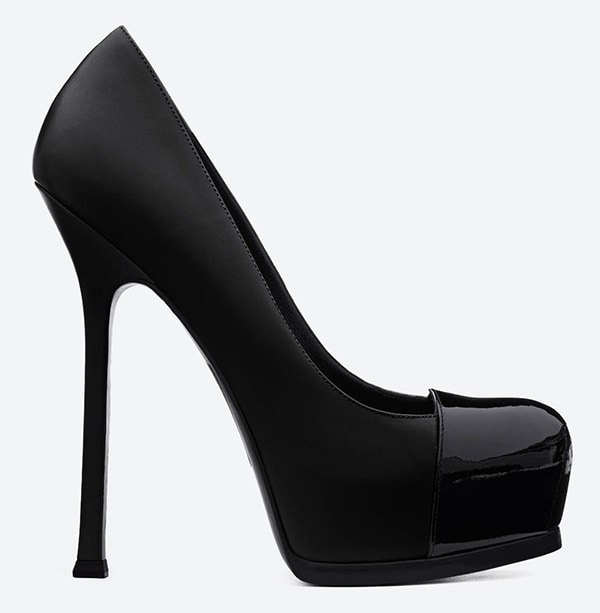 Saint Laurent Tribute Two Cap Toe Escarpin Pumps in Black Leather and Patent Leather