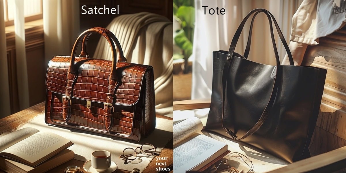Satchel handbags offer a structured, flap-over design with buckles for a classic look, while tote handbags provide a simple, open-top for easy access and versatile storage