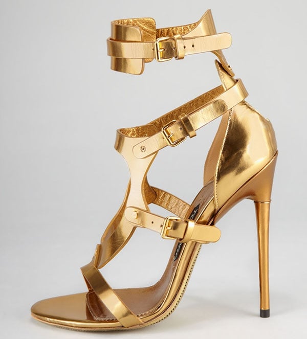 Gold Tom Ford Triple-Buckle Metallic Sandals