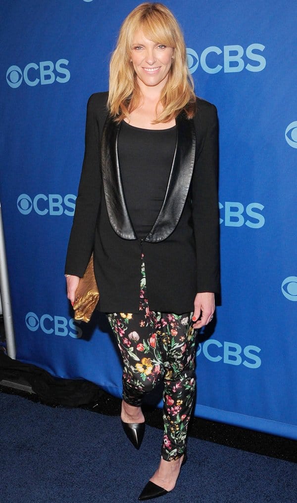 Toni Collette shines at the CBS Upfront event, showcasing floral elegance at Lincoln Center