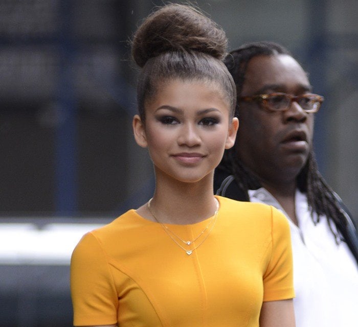 Zendaya Coleman wears her hair up as she leaves her Manhattan hotel