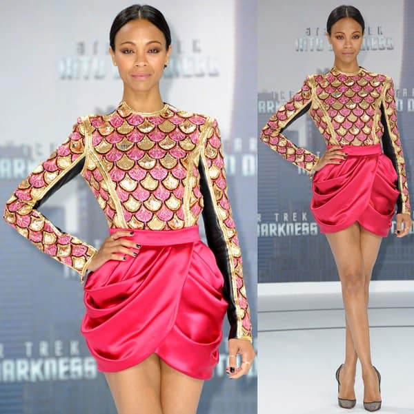 Zoe Saldana dazzled in a metallic Balmain ensemble consisting of a metallic gold and pink long-sleeved top