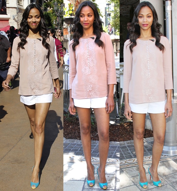 Zoe Saldana flaunts her sexy legs in turquoise Flo color-block pumps