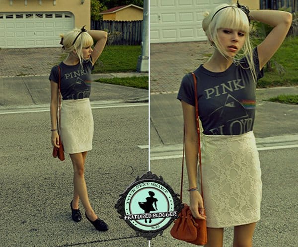 Zoe paired a graphic rock band tee with a lace pencil skirt