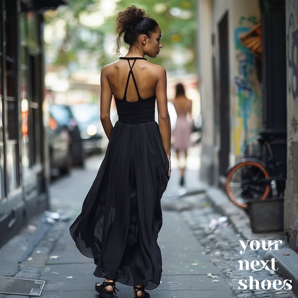 A woman walks confidently down a city street, her black backless dress flowing with each step, epitomizing urban elegance
