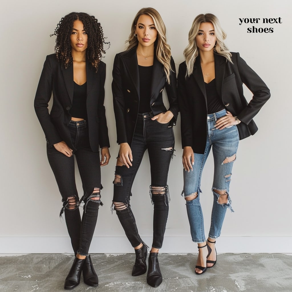 Three fashion-forward women pose confidently, each showcasing a unique spin on the classic black blazer and ripped jeans trend