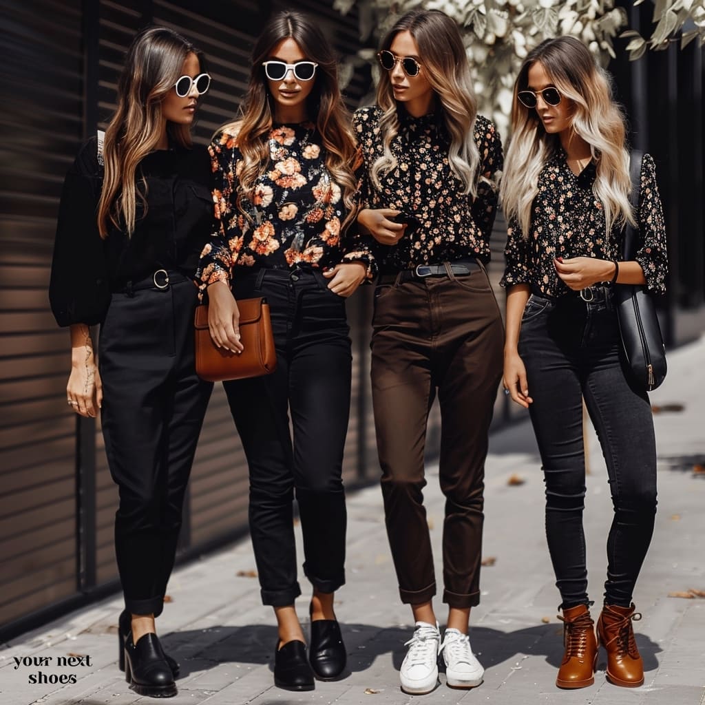 Four stylish women showcase the versatility of a floral black top paired with tailored trousers and coordinated accessories, each making the look their own with distinct footwear and elegant handbags