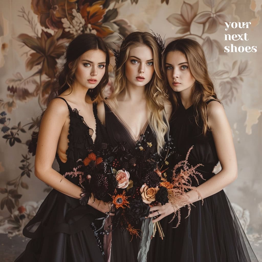 Three women in elegant black dresses hold autumnal bouquets, exuding a mystic charm against a backdrop of vintage floral wallpaper