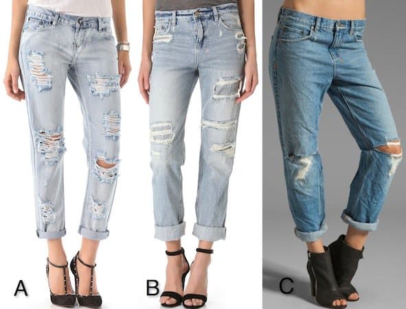 Discover the latest in denim trends with A. One Teaspoon 'Awesome' Distressed Jeans for $149, B. Ksubi Boyfriend Jeans in Midnight and Dusted for $260, and C. Ksubi Boyfriend Jeans in Straight Up Trashed for $288
