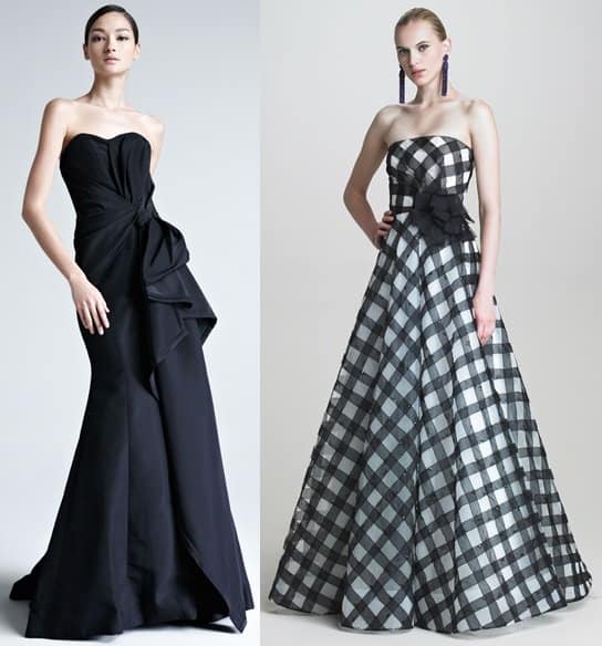 Luxurious black bridal fashion featuring Carolina Herrera's Faille Strapless Gown and Oscar de la Renta's Gingham Strapless Gown