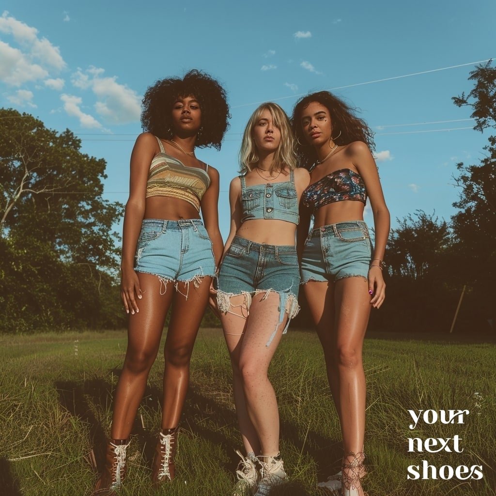Embracing the timeless allure of denim, these three fashion-forward friends showcase the latest trends in cutoff shorts against a serene summer backdrop