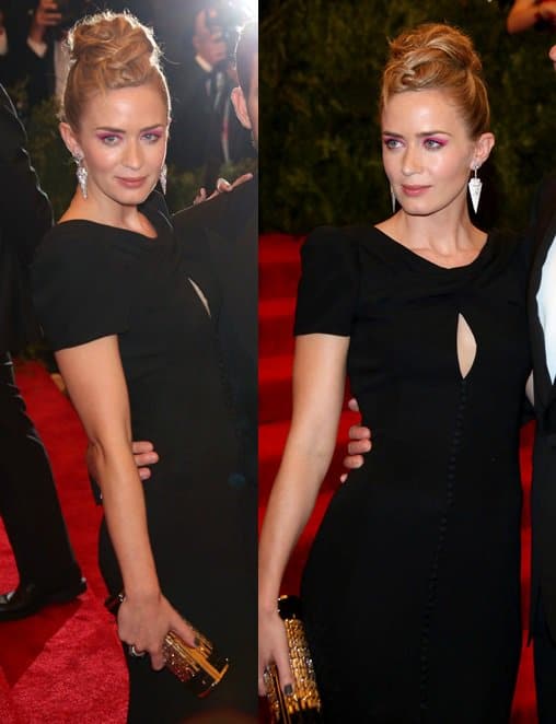 Emily Blunt opted for classic elegance at the Met Gala, wearing a sleek Carolina Herrera little black dress with a keyhole detail that added a subtle yet chic touch