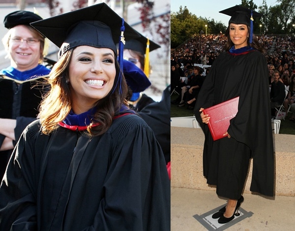 Eva Longoria beams with pride in her graduation cap and gown, completing her master's degree in Chicano Studies