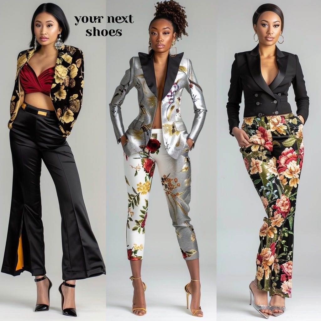 Three models showcase a dynamic range of stylish trousers, featuring a classic black with a bold stripe, an ornate floral and metallic brocade design, and a sophisticated floral print paired with sleek black blazers, all epitomizing modern chic