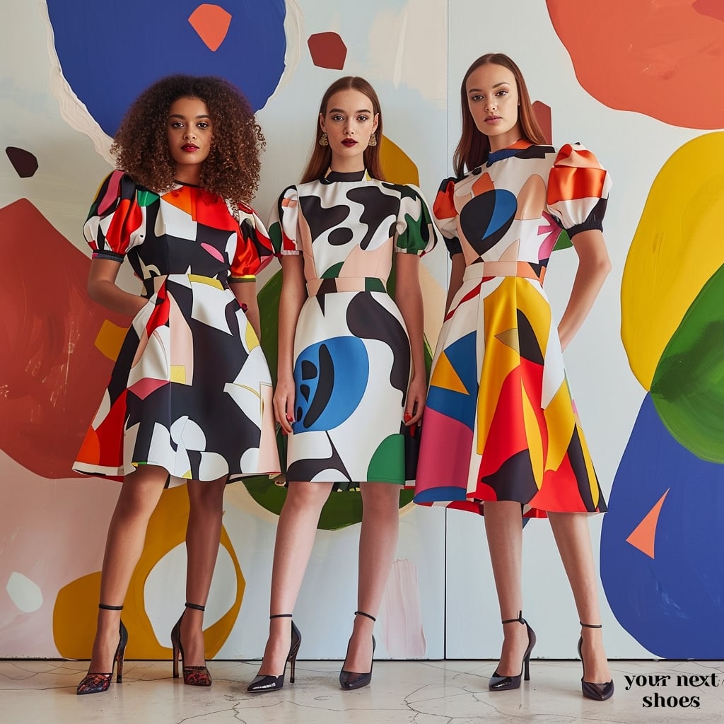 Three models stand in bold harmony, their geometric print dresses echoing the vibrant abstract art on the wall behind them, creating a striking tableau of color and pattern