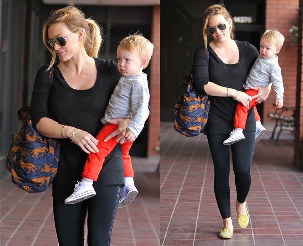 Hilary Duff wearing black leggings and a t-shirt