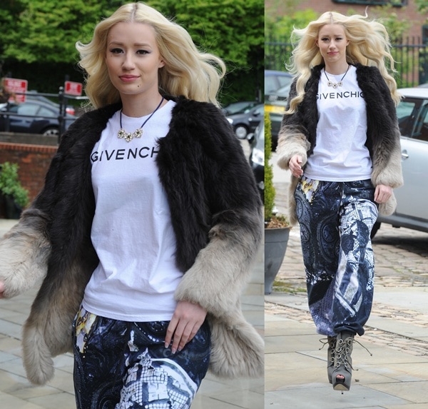 Iggy Azalea in an ombre fur jacket, a white tee, and another pair of printed sweatpants