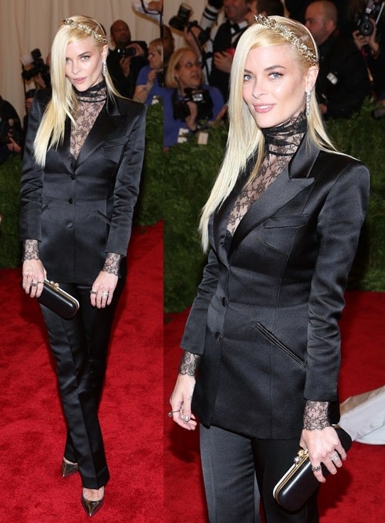 Jaime King made a bold fashion statement at the Met Gala by choosing a chic trouser-suit paired with a dramatic lace top
