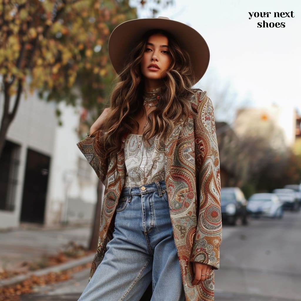 Embracing autumn's essence, the fashion-forward individual pairs a paisley blazer with high-waisted jeans accented by a wide-brimmed hat and intricate patterns, embodying a modern take on 70s sophistication