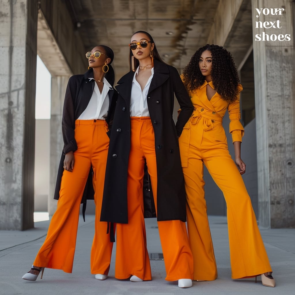Three women confidently showcase a bold fashion statement with orange flare pants, complemented by crisp white shirts and elegant black coats, creating a striking contrast that exudes chic urban style