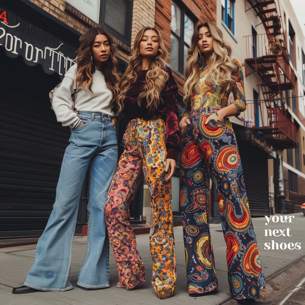 Three fashion-forward women pose confidently on an urban sidewalk, showcasing a striking trio of wide-leg jeans ranging from classic denim to vibrant paisley prints