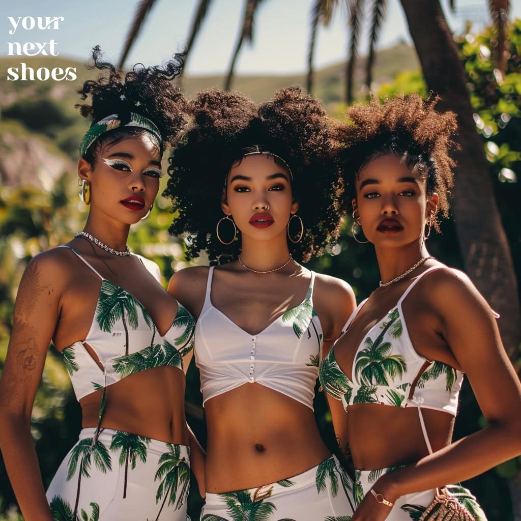 Three models exude tropical elegance in coordinating palm tree print ensembles, perfect for a chic summer getaway