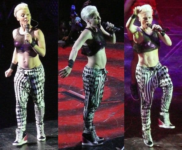 Pink in action during her dynamic performance at 'The Truth About Love Tour,' O2 World, Berlin - showcasing her sporty-punk style on May 3, 2013