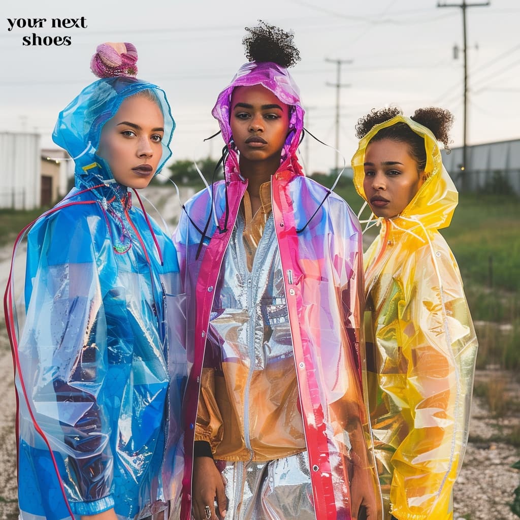 Embracing the transparent trend, three fashionistas model colorful plastic jackets, adding a splash of vibrancy to the urban backdrop