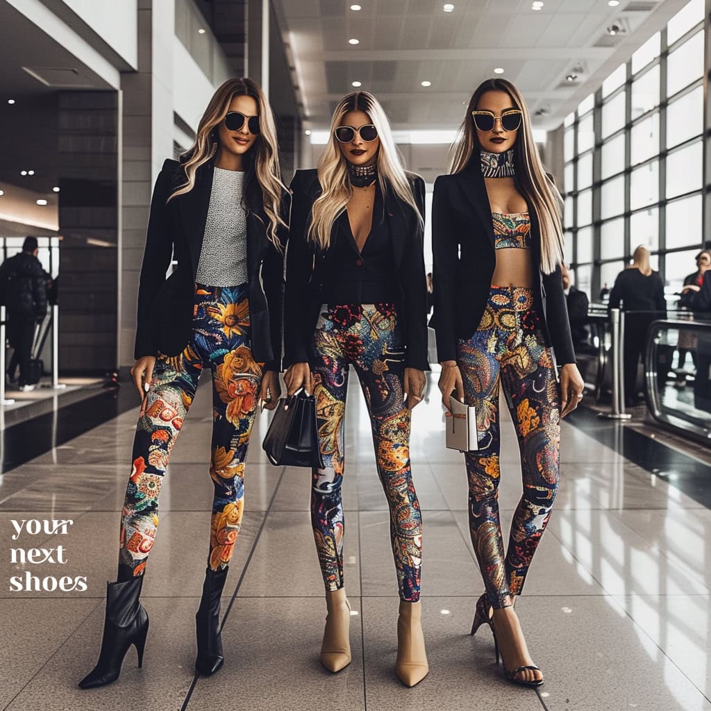 Strutting through the airport, these three fashion-forward women showcase how to make a bold statement with vibrant printed leggings and classic black blazers