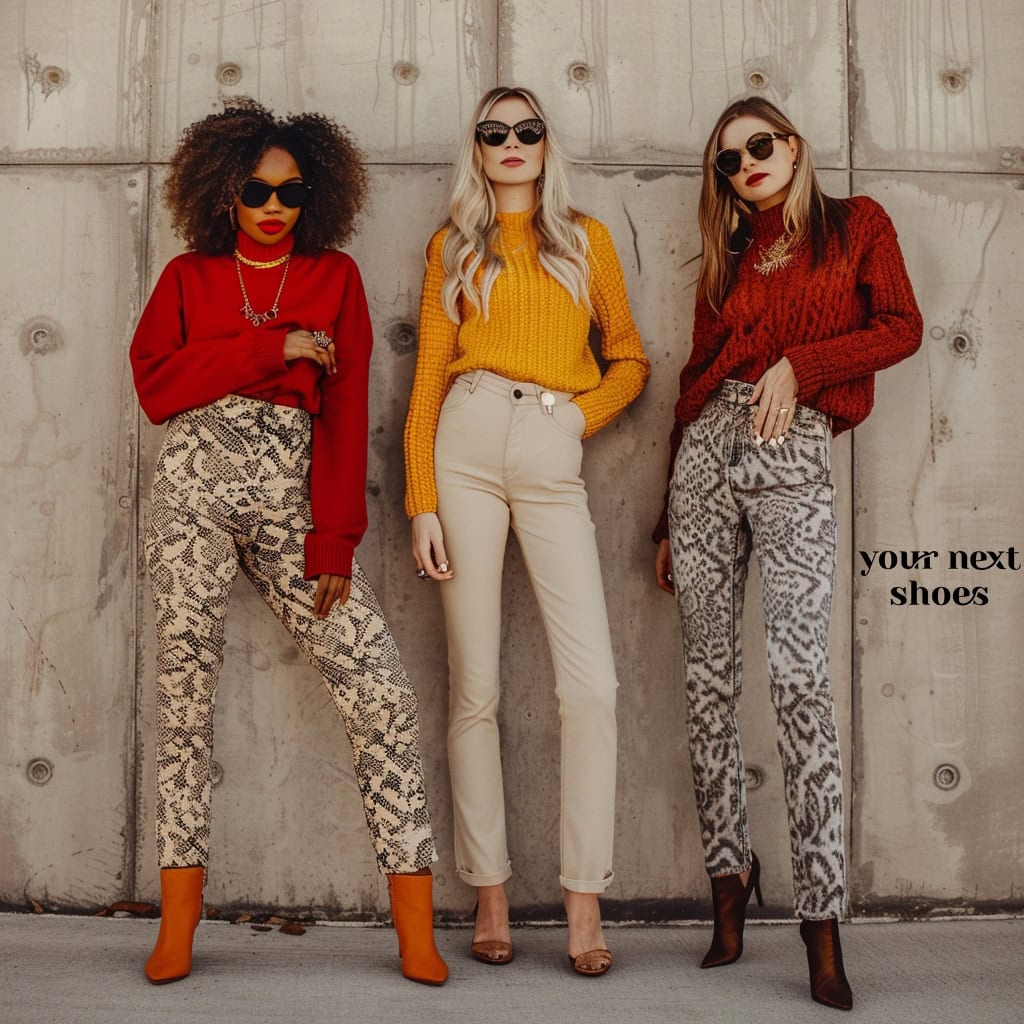 Three fashion-forward friends make a bold statement with their animal print jeans, each paired with a cozy, colorful sweater and chic ankle boots