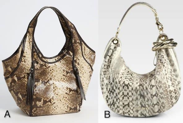 Explore snakeskin bag options: A. Kooba 'Erika' Tote in Tan for a casual style or B. Jimmy Choo 'Solar' Small Snakeskin Hobo for a luxe touch