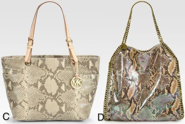 Elevate your style with these snakeskin bags: C. MICHAEL Michael Kors 'Jet Set' Tote for everyday elegance or D. Stella McCartney 'Falabella' for a chic statement