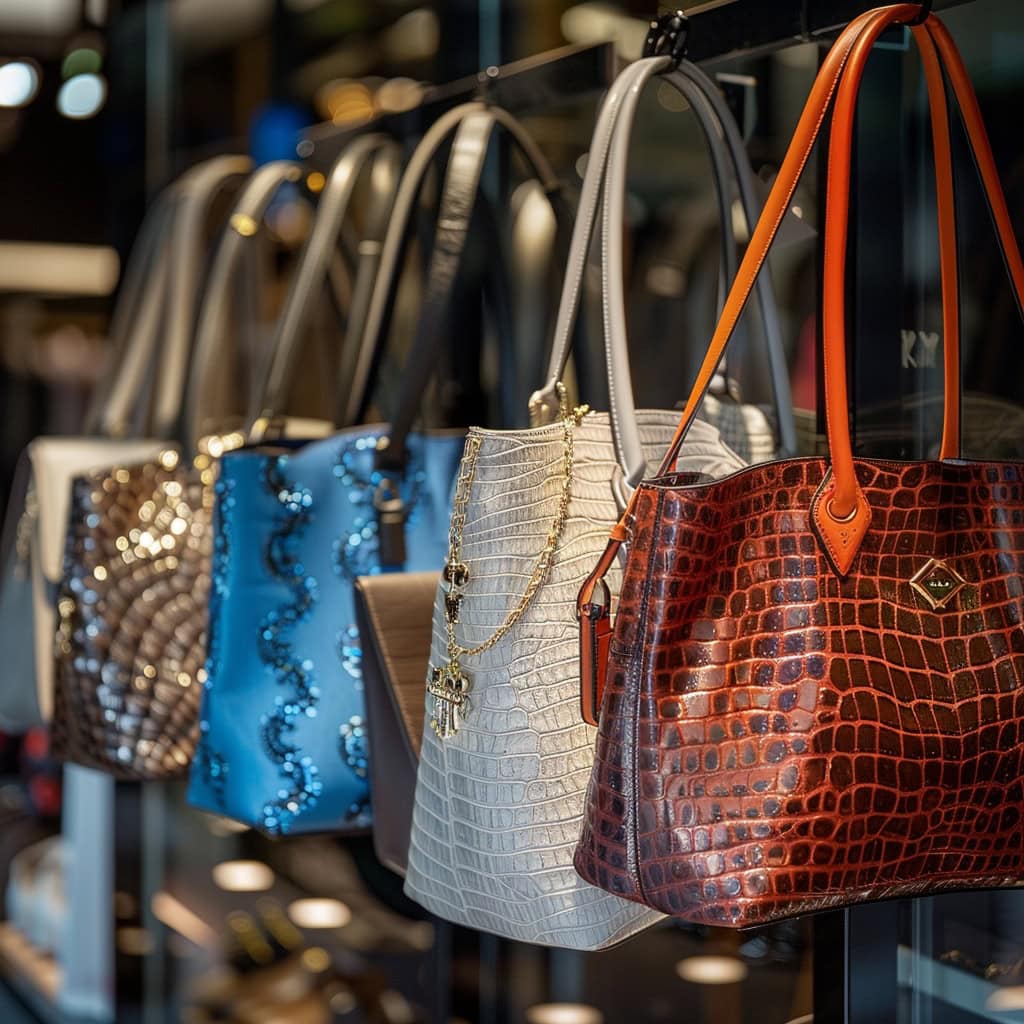 An array of tote handbags in a chic display, each with a unique color and texture, showcasing the versatile elegance and spacious design ideal for a fashionable yet practical lifestyle
