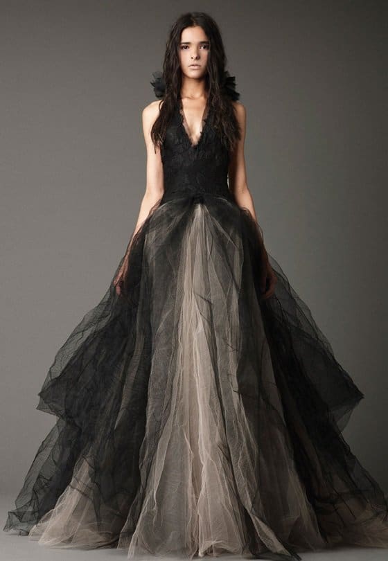 The 'Josephine' by Vera Wang, a striking black bridal gown from the Fall 2012 collection, showcases elegant Chantilly lace and a tulle skirt