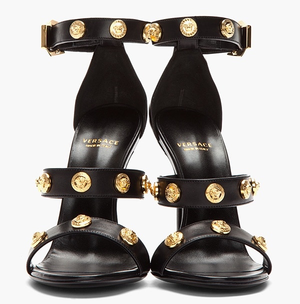 Versace Black Leather Gold Medallion Heels front