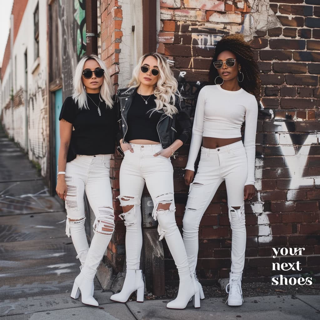 Three fashion-forward women showcase the versatility of white tattered jeans; each paired distinctively with boots, casual tops, and statement sunglasses for an edgy urban look