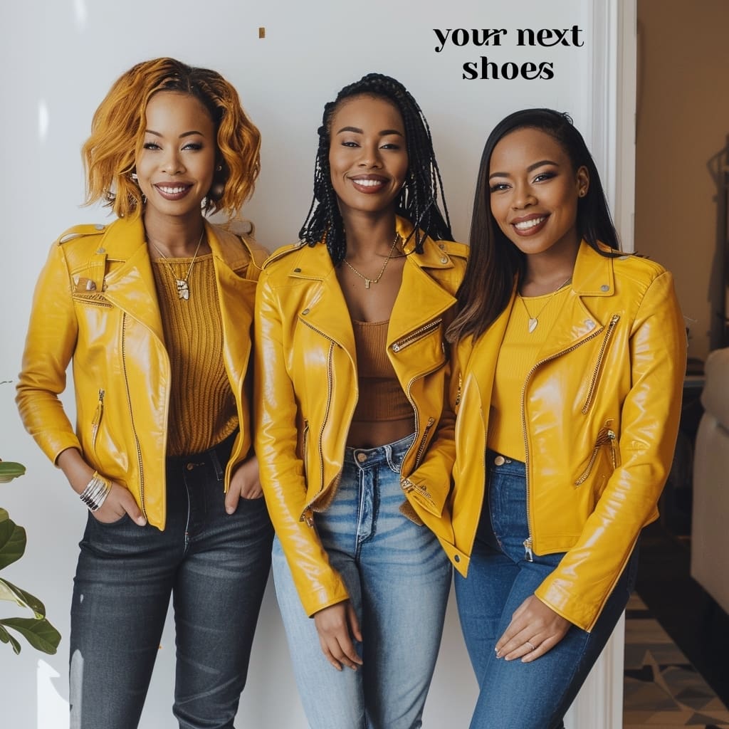 Radiating confidence and style, three friends make a striking statement in matching yellow leather jackets and classic denim