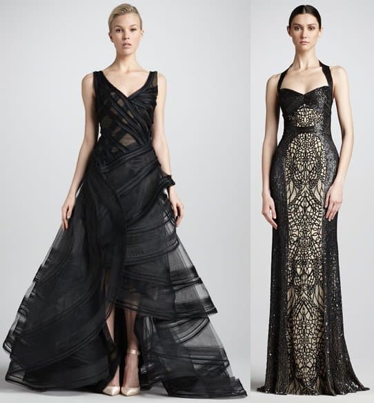 Showcasing couture: Zac Posen's Tiered Organza Gown paired with Monique Lhuillier's Sequin Lace Halter Gown in elegant settings