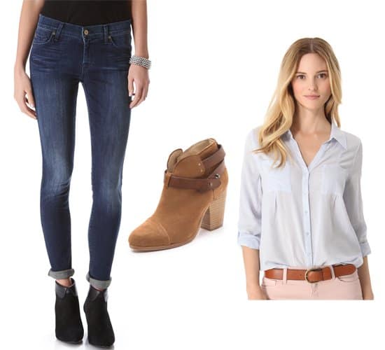 7 for All Mankind The Skinny jeans with blue shirt and booties