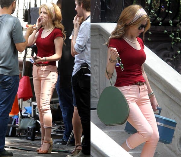 Anna Kendrick wears peach-colored jeans on the film set of The Last Five Years
