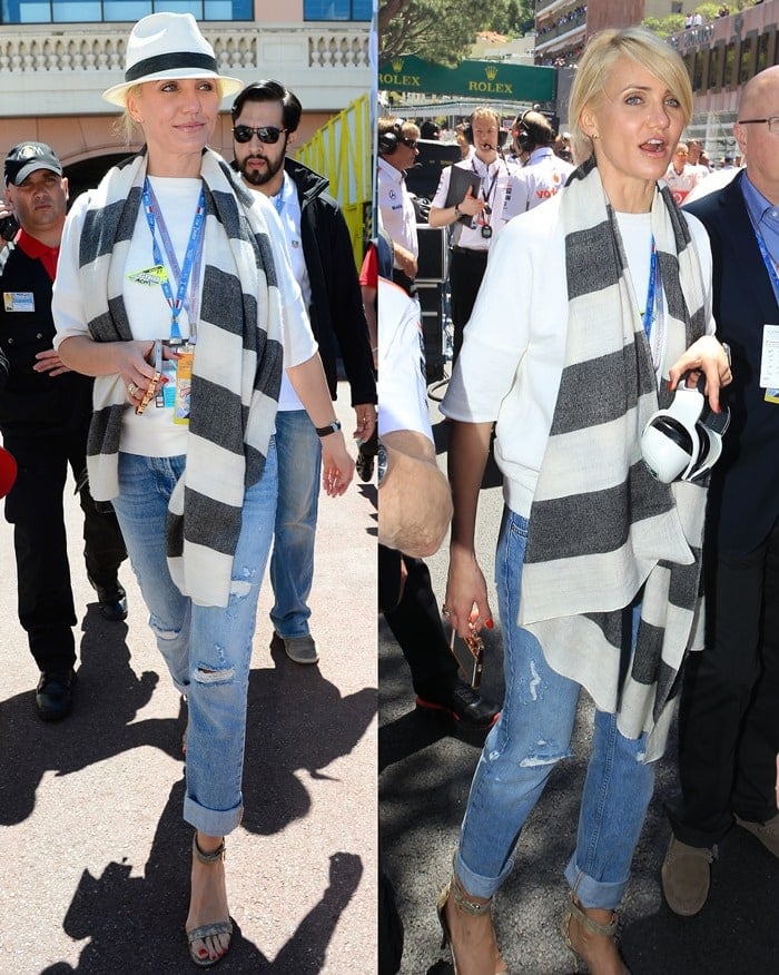 Cameron Diaz effortlessly combines distressed denim, a bold striped scarf, and Givenchy sandals for a chic yet casual look at the F1 Monaco Grand Prix