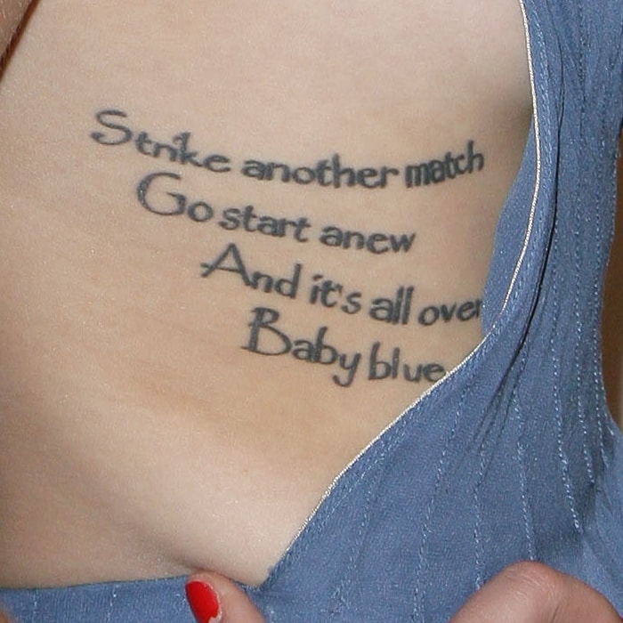 Carly Chaikin has a tattoo on her left side with lyrics from the Bob Dylan song “It's All Over Now Baby Blue”
