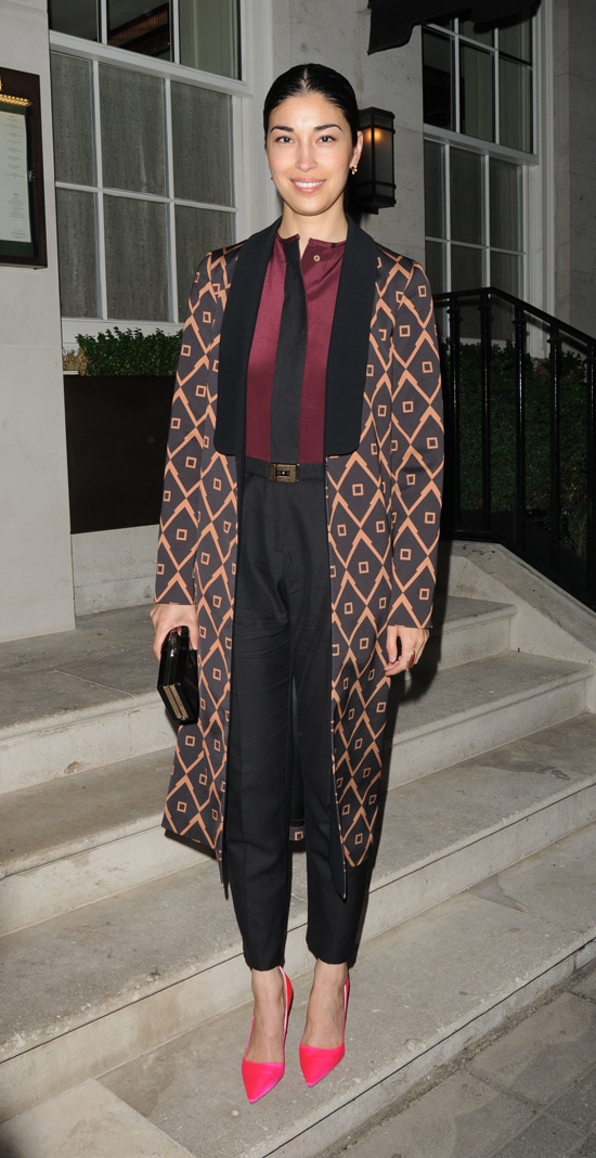 Caroline Issa makes a stylish entrance at '34 Mayfair' in London on June 18, 2013, showcasing a perfect blend of menswear-inspired chic with a splash of femininity