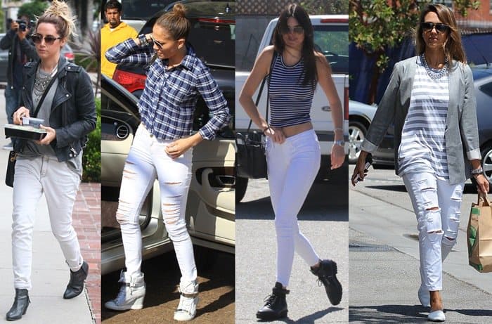 Ashley Tisdale pairs her white jeans with a leather jacket for an edgy look, Los Angeles, December 19, 2014. / Jennifer Lopez styles white jeans with a plaid shirt, giving a nod to casual chic, Los Angeles, October 11, 2014. / Kendall Jenner goes for a minimalist vibe with a striped top and white jeans, West Hollywood, August 22, 2014. / Jessica Alba complements her white jeans with a lightweight blazer, capturing a relaxed yet polished outfit, Santa Monica, July 25, 2014