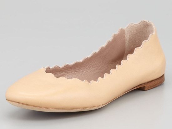 Chloe Scalloped Leather Ballerina Flats Beige