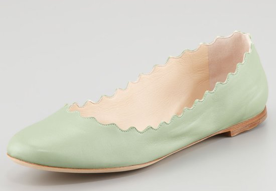 Chloe Scalloped Leather Ballerina Flats Turquoise