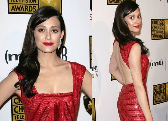 Close-up of Emmy Rossum's exquisite beaded Naeem Khan gown at the 2013 Critics' Choice Television Awards